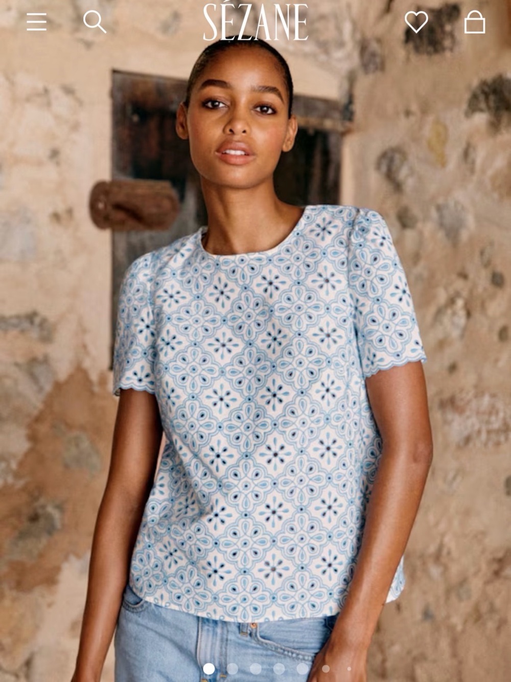 NWT Sézane Annabelle Blouse in Ecru with Contrasting Vintage Blue